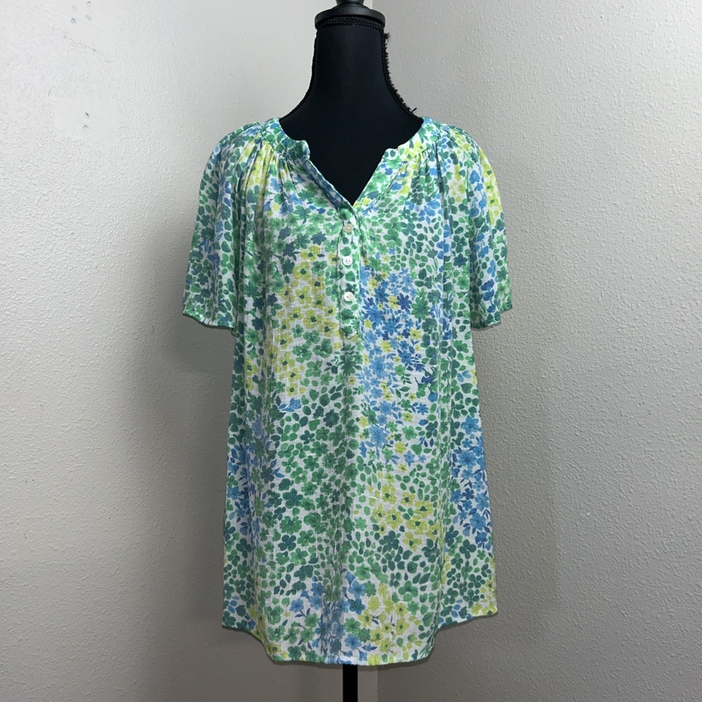 Fyve Blouse Women's‎ XL Green Colorful Floral V-Neck Boho Artsy 3/4 Button